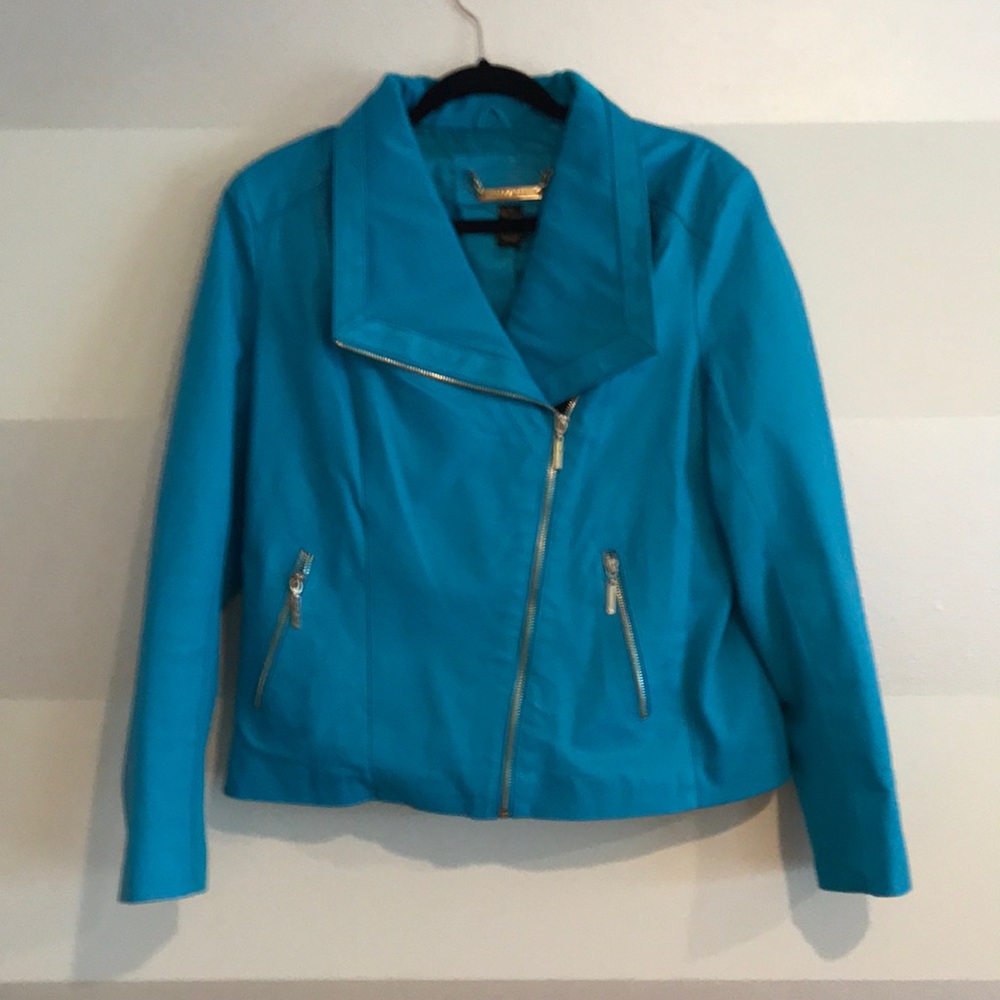 Iman Turquoise Leather Moto Jacket